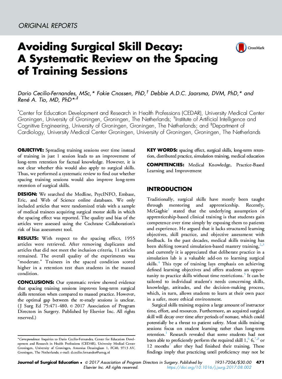 Avoiding Surgical Skill Decay: A Systematic Review on the Spacing of Training Sessions