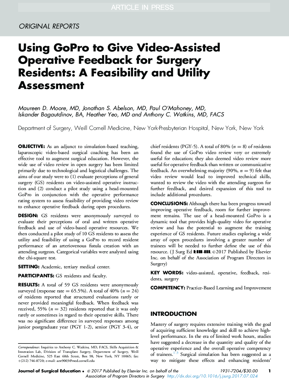 Using GoPro to Give Video-Assisted Operative Feedback for Surgery Residents: A Feasibility and Utility Assessment