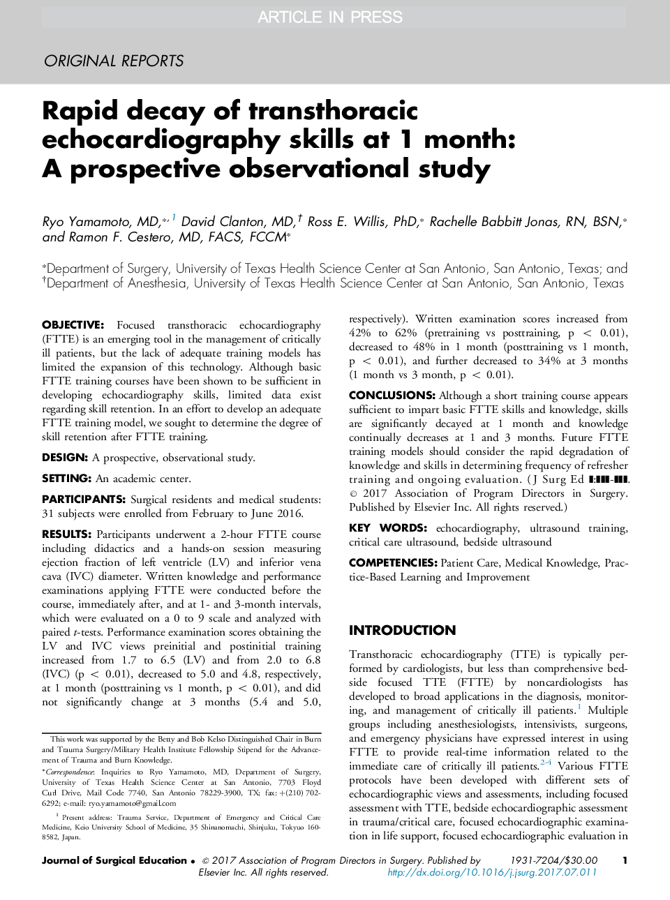 Rapid decay of transthoracic echocardiography skills at 1 month: A prospective observational study