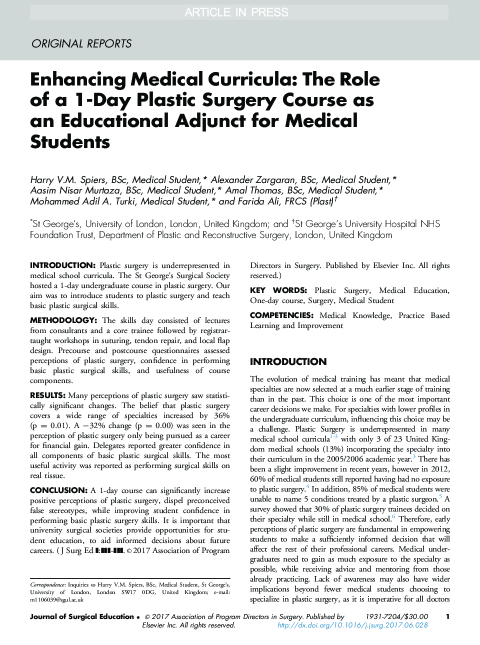 Enhancing Medical Curricula: The Role of a 1-Day Plastic Surgery Course as an Educational Adjunct for Medical Students