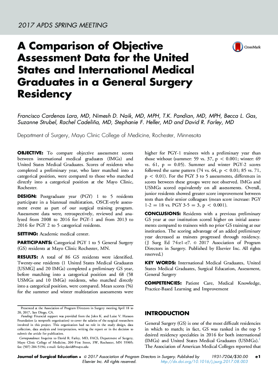 A Comparison of Objective Assessment Data for the United States and International Medical Graduates in a General Surgery Residency