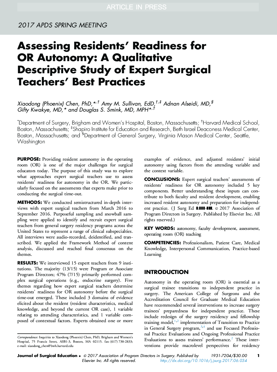 Assessing Residents' Readiness for OR Autonomy: A Qualitative Descriptive Study of Expert Surgical Teachers' Best Practices