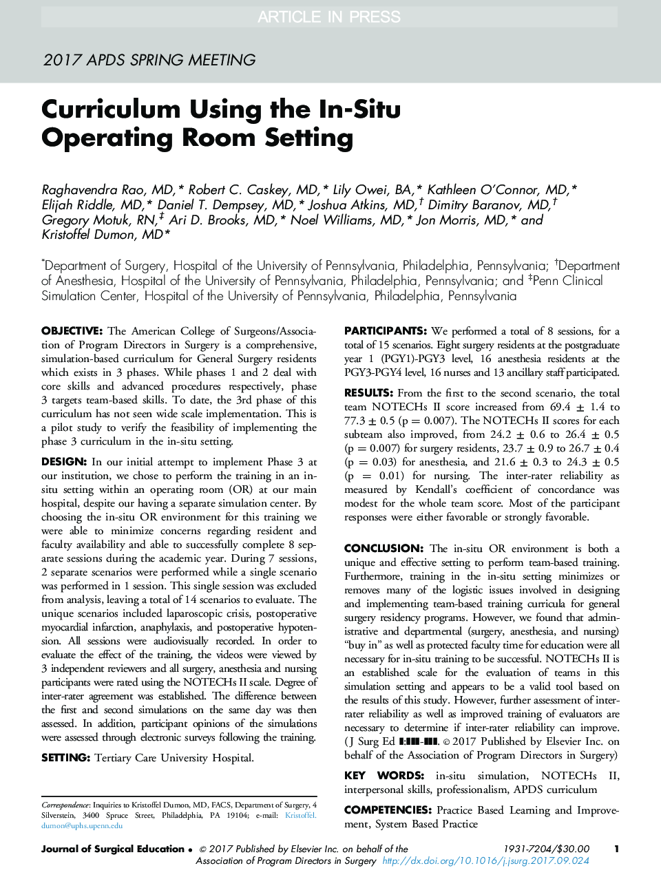 Curriculum Using the In-Situ Operating Room Setting