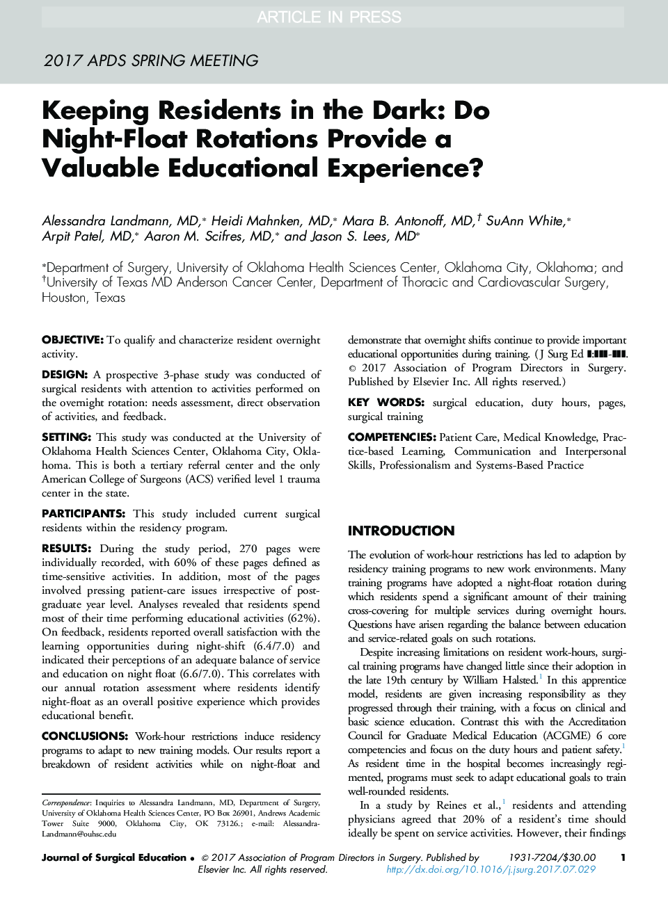 Keeping Residents in the Dark: Do Night-Float Rotations Provide a Valuable Educational Experience?