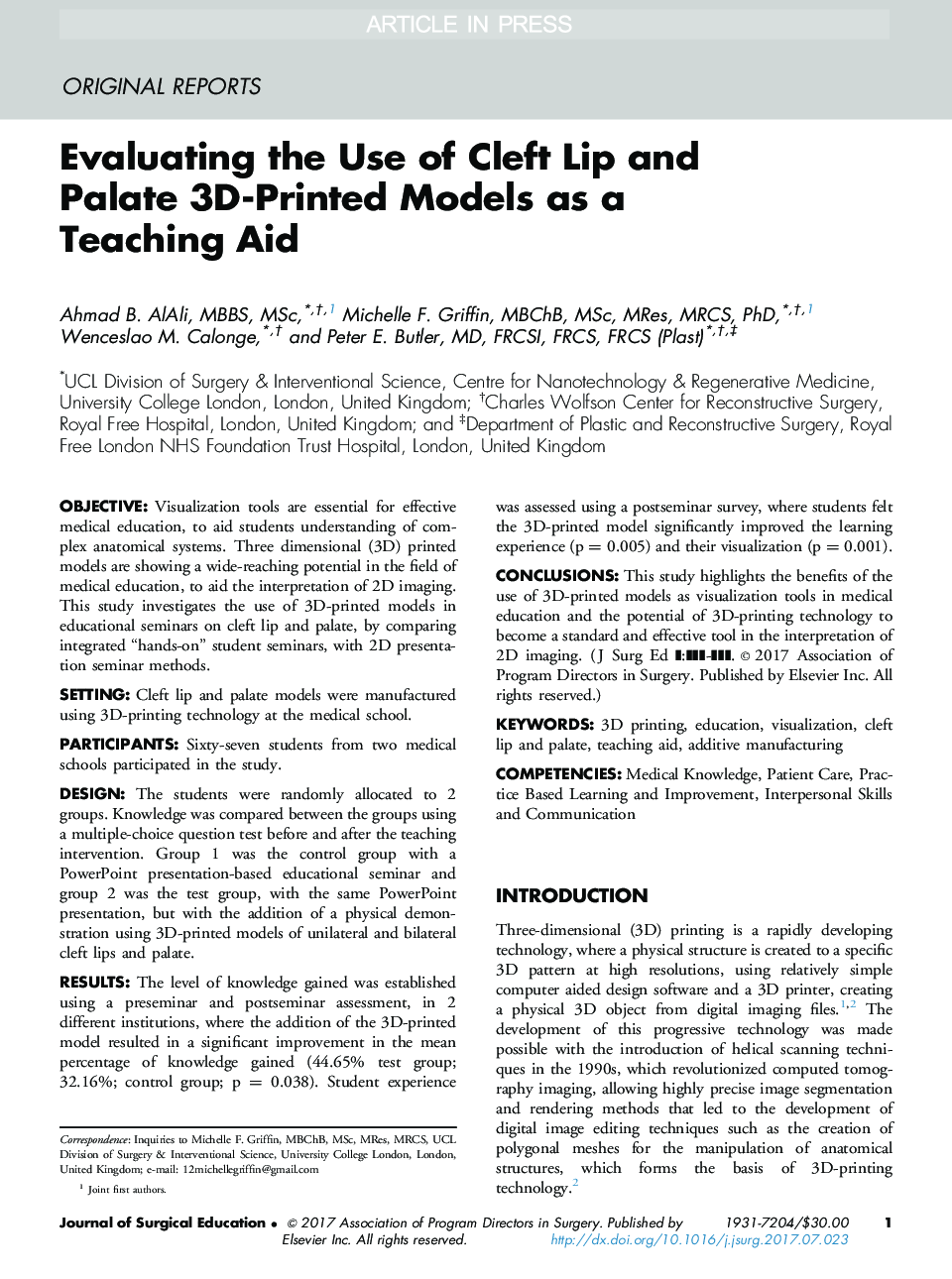 ارزیابی استفاده از مدل های سه بعدی چاپ لب و شکسته به عنوان کمک آموزشی 
