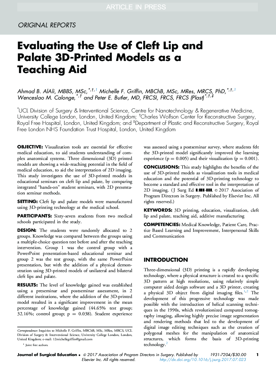 Evaluating the Use of Cleft Lip and Palate 3D-Printed Models as a Teaching Aid