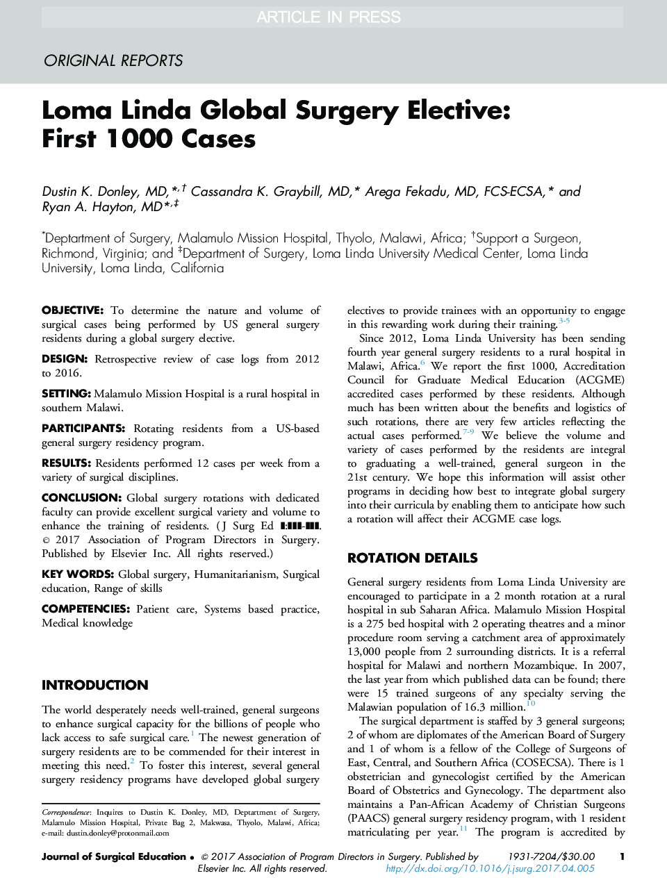 Loma Linda Global Surgery Elective: First 1000 Cases