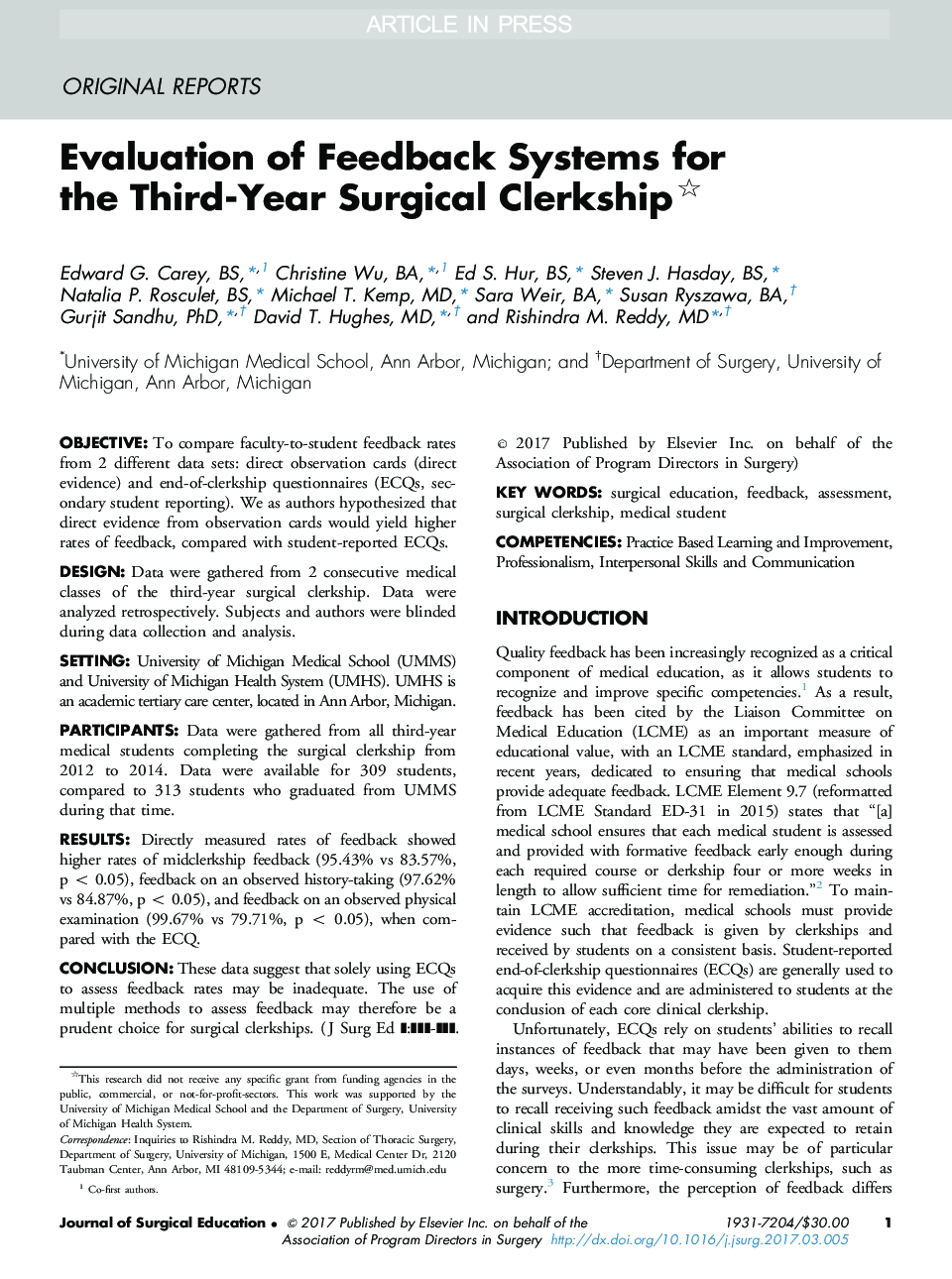 Evaluation of Feedback Systems for the Third-Year Surgical Clerkship