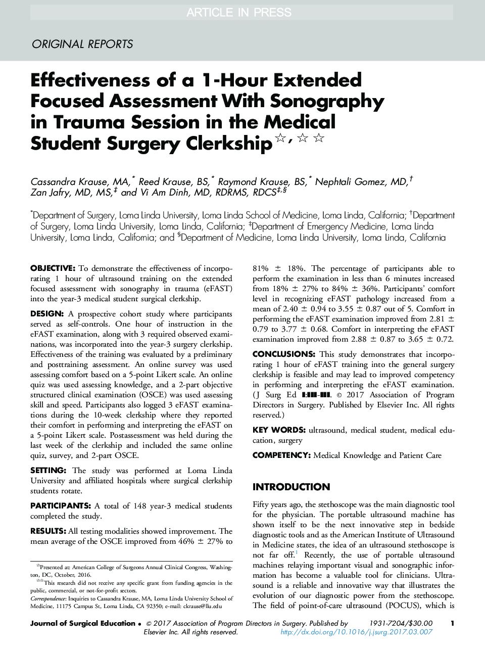 Effectiveness of a 1-Hour Extended Focused Assessment With Sonography in Trauma Session in the Medical Student Surgery Clerkship