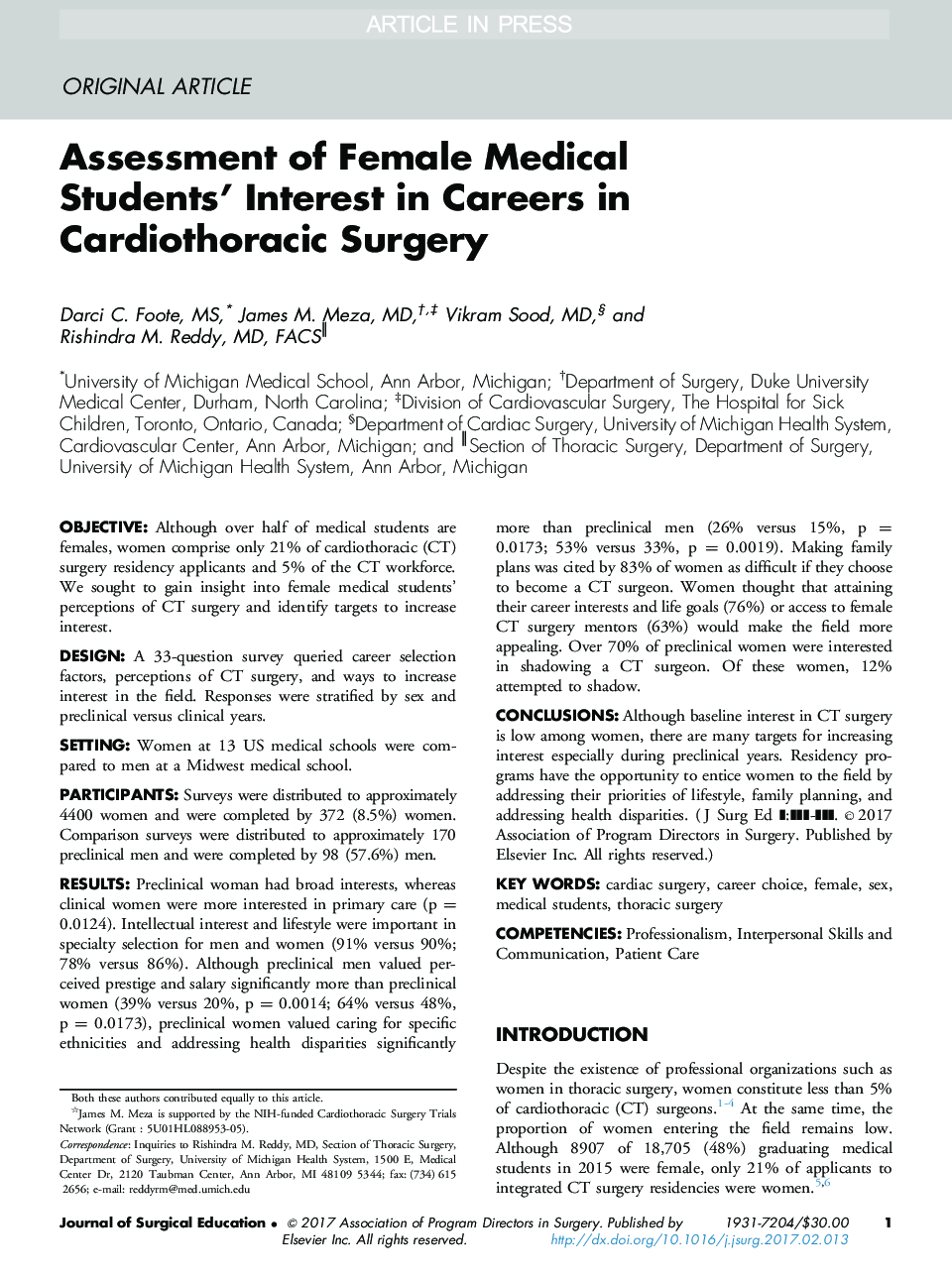 Assessment of Female Medical Students' Interest in Careers in Cardiothoracic Surgery