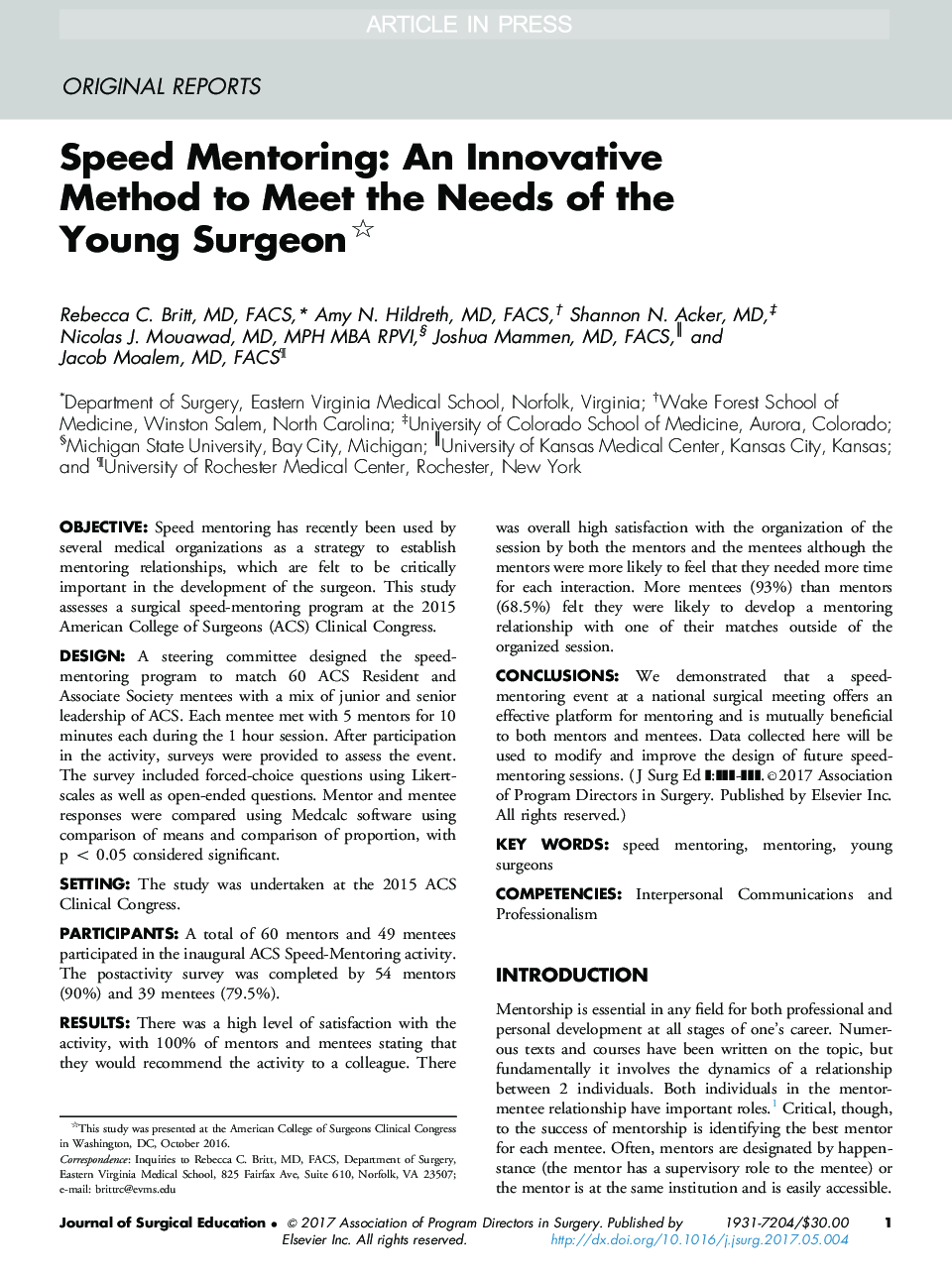 Speed Mentoring: An Innovative Method to Meet the Needs of the Young Surgeon