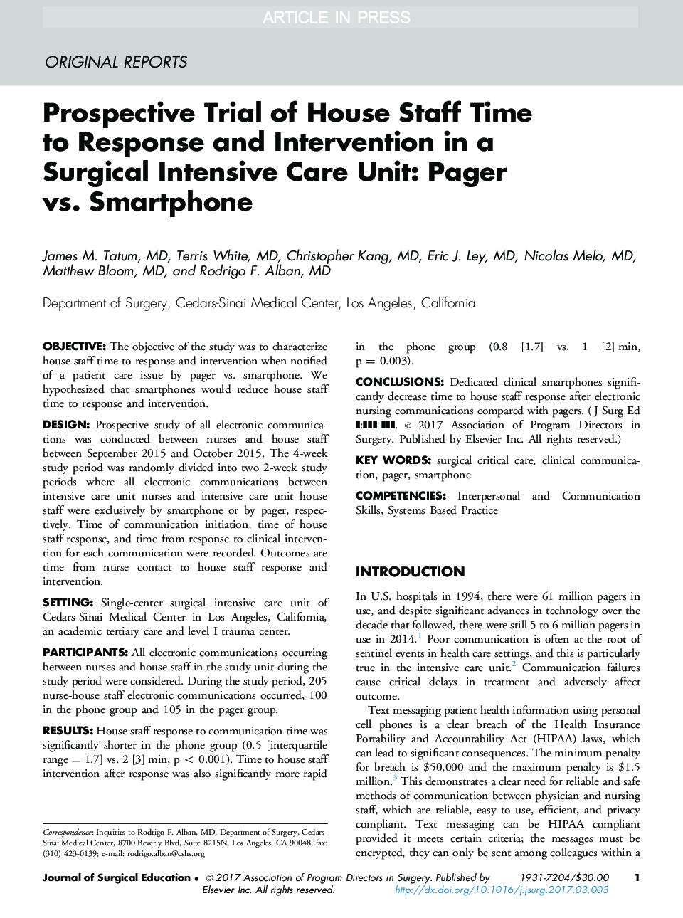 Prospective Trial of House Staff Time to Response and Intervention in a Surgical Intensive Care Unit: Pager vs. Smartphone