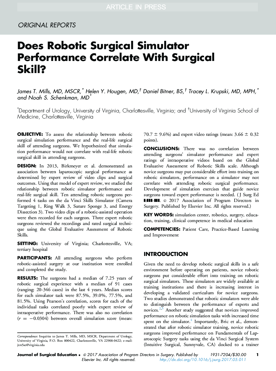 Does Robotic Surgical Simulator Performance Correlate With Surgical Skill?