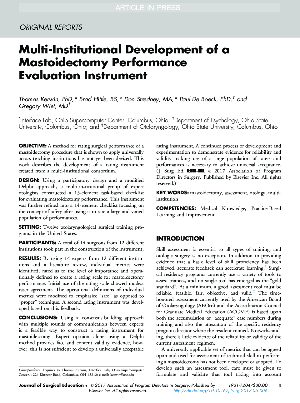 Multi-Institutional Development of a Mastoidectomy Performance Evaluation Instrument