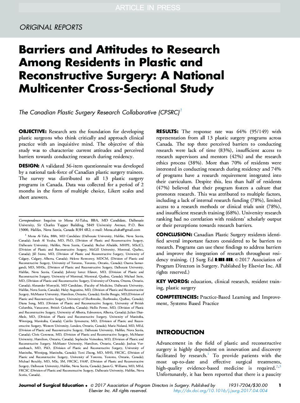 موانع و نگرش به تحقیق در میان ساکنان جراحی پلاستیک و مجدد: مطالعه متقاطع ملی چند کانونی 