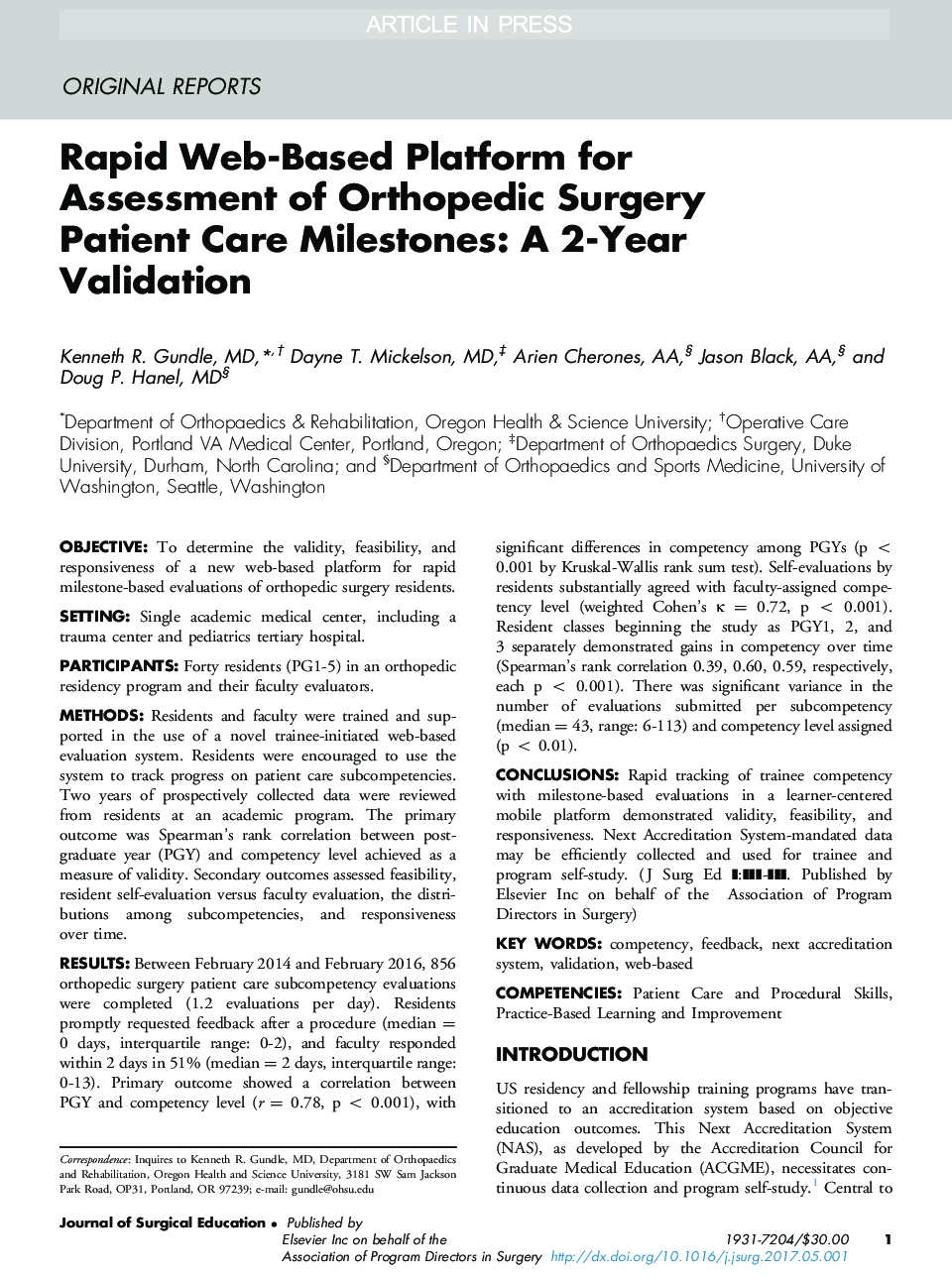 Rapid Web-Based Platform for Assessment of Orthopedic Surgery Patient Care Milestones: A 2-Year Validation