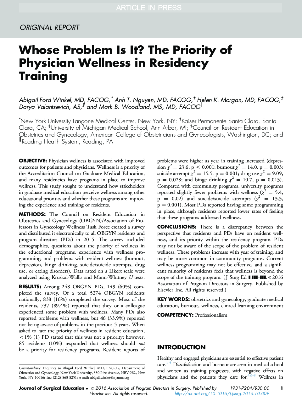 Whose Problem Is It? The Priority of Physician Wellness in Residency Training