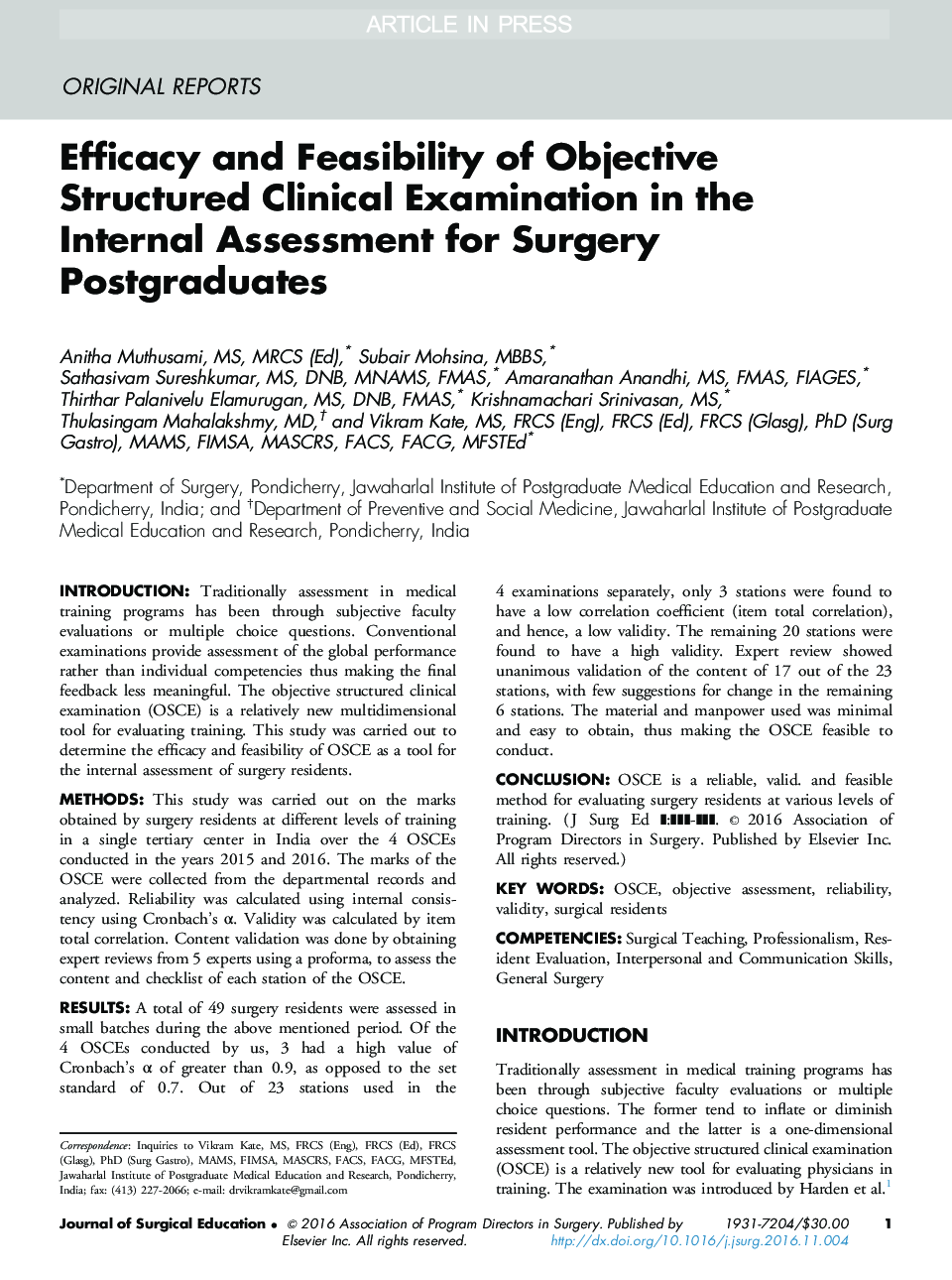 Efficacy and Feasibility of Objective Structured Clinical Examination in the Internal Assessment for Surgery Postgraduates