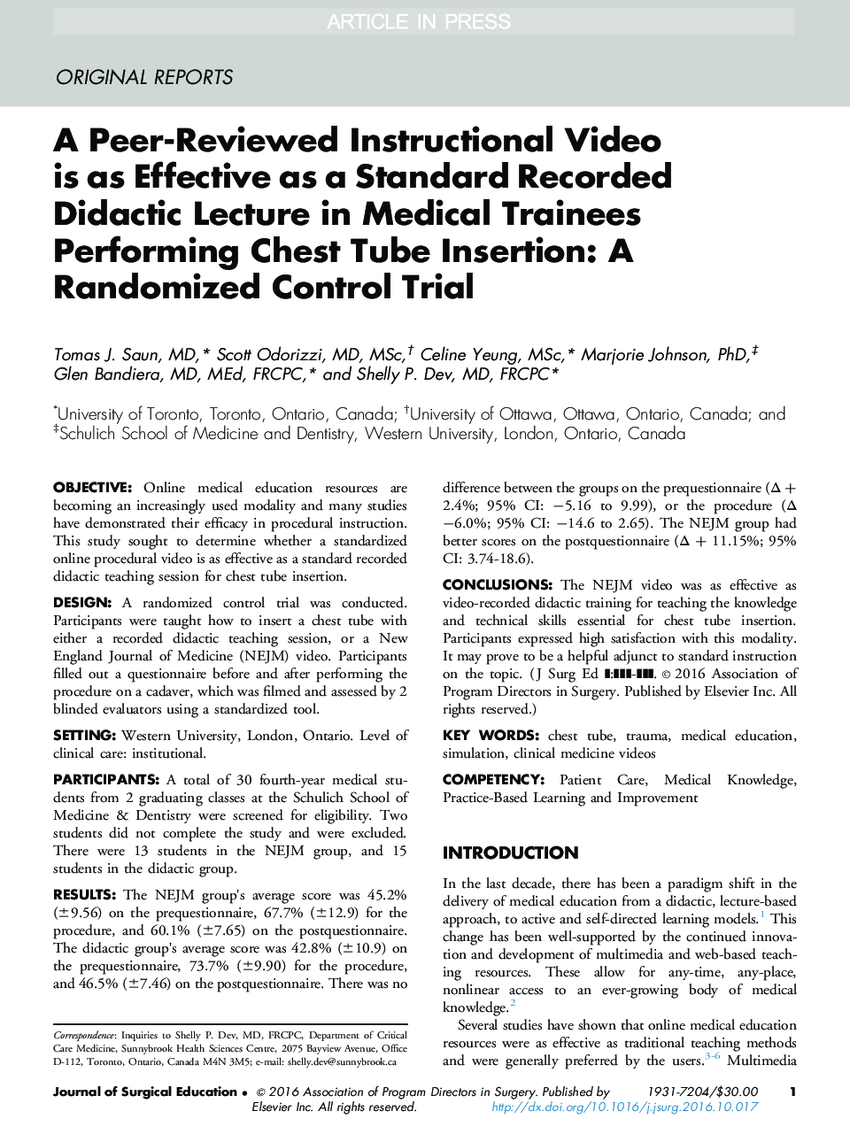 A Peer-Reviewed Instructional Video is as Effective as a Standard Recorded Didactic Lecture in Medical Trainees Performing Chest Tube Insertion: A Randomized Control Trial