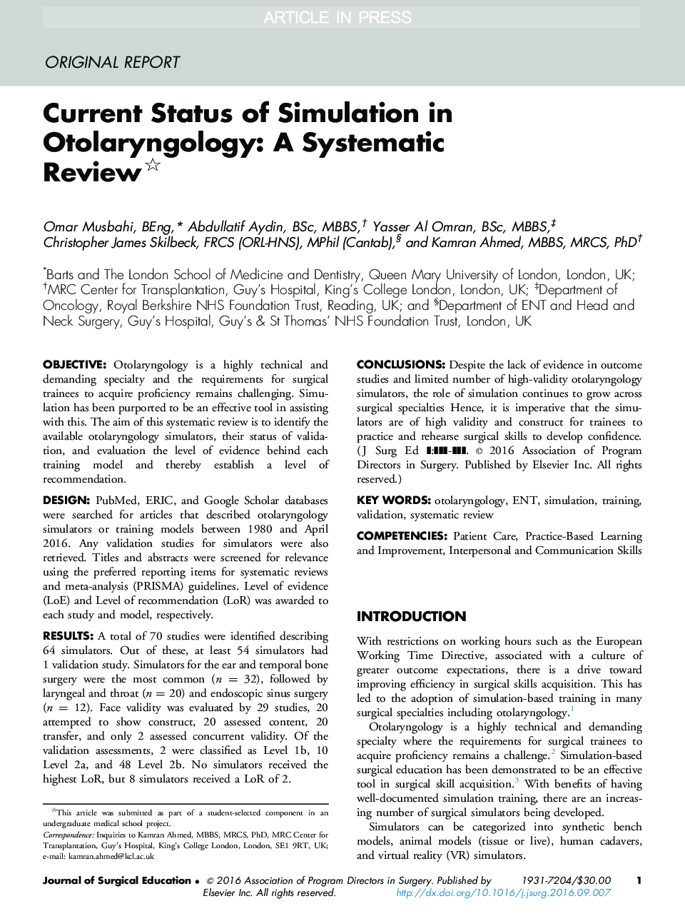 Current Status of Simulation in Otolaryngology: A Systematic Review