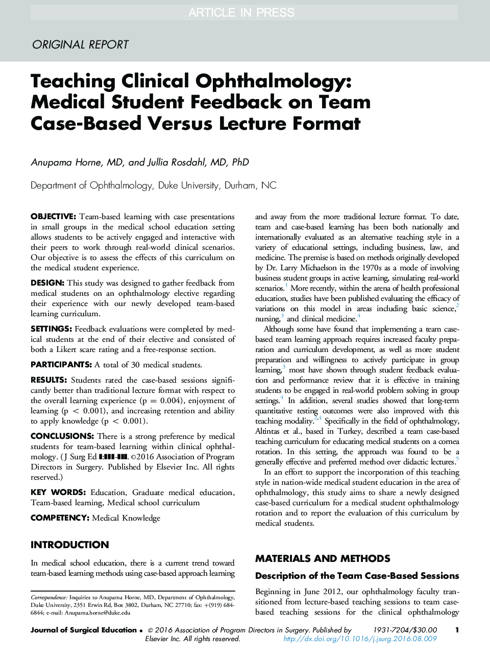 Teaching Clinical Ophthalmology: Medical Student Feedback on Team Case-Based Versus Lecture Format