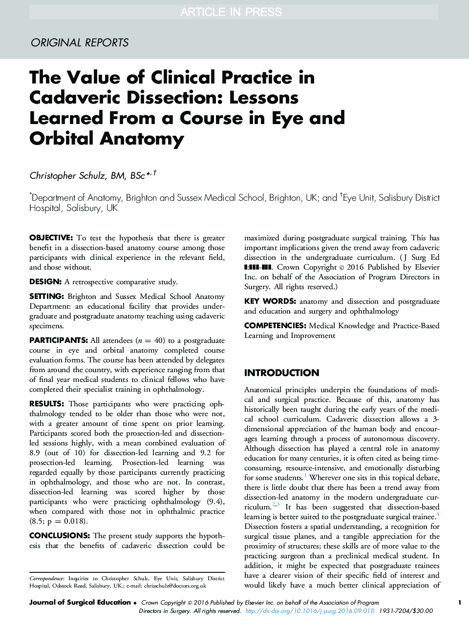 The Value of Clinical Practice in Cadaveric Dissection: Lessons Learned From a Course in Eye and Orbital Anatomy