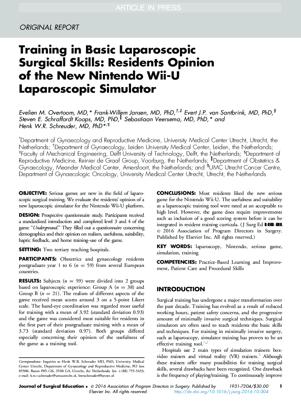 Training in Basic Laparoscopic Surgical Skills: Residents Opinion of the New Nintendo Wii-U Laparoscopic Simulator