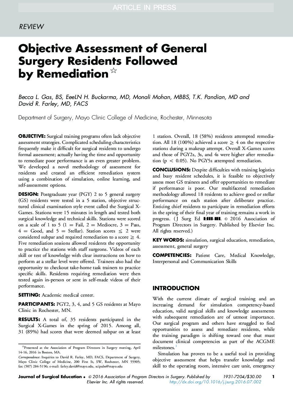 Objective Assessment of General Surgery Residents Followed by Remediation