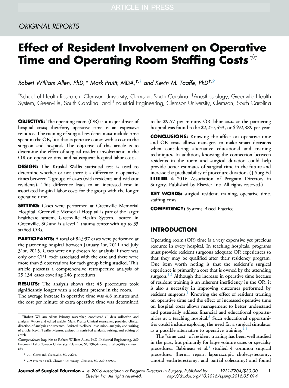 Effect of Resident Involvement on Operative Time and Operating Room Staffing Costs