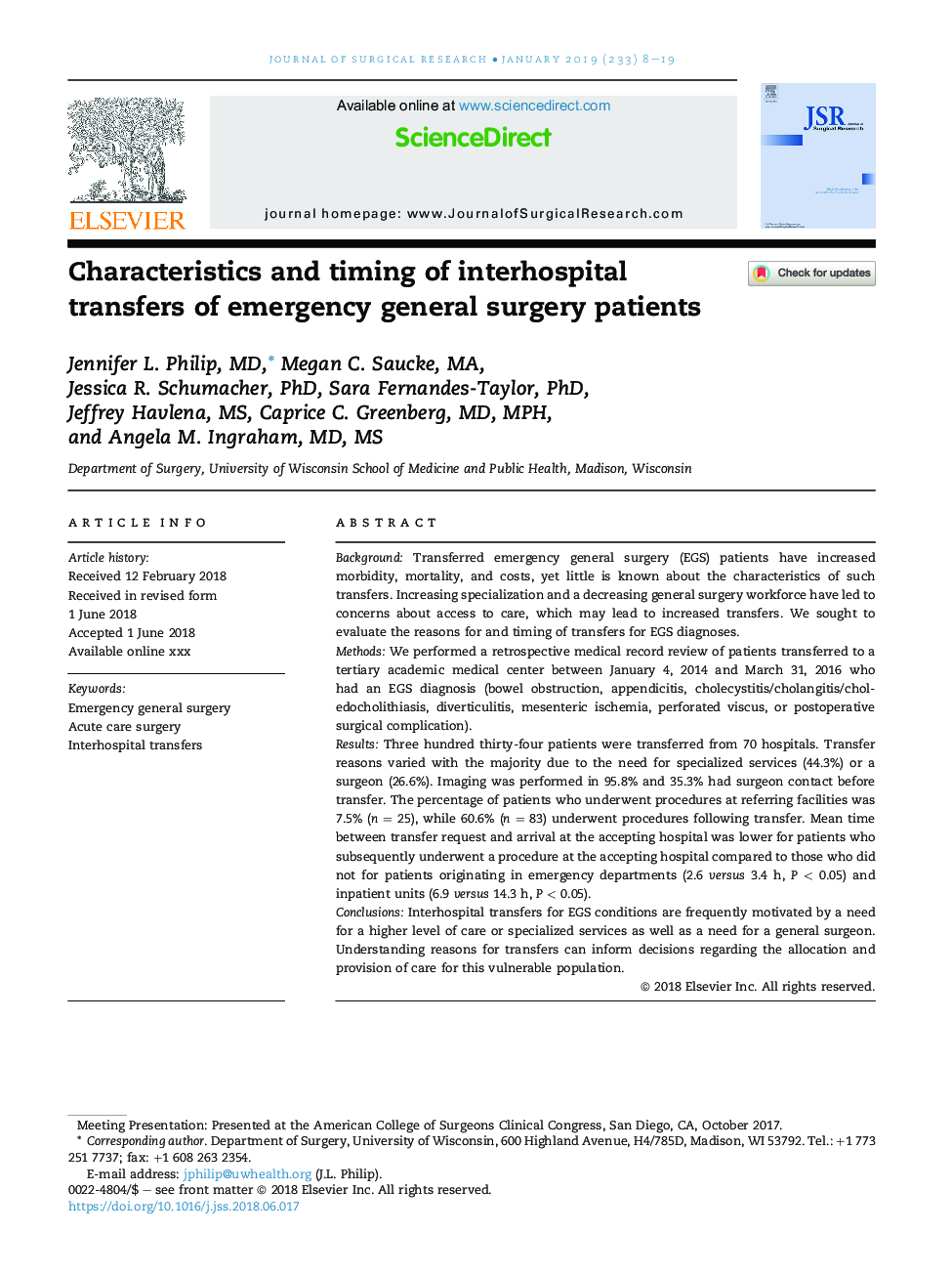 Characteristics and timing of interhospital transfers of emergency general surgery patients