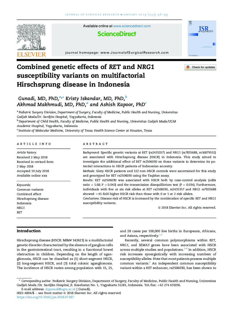 Combined genetic effects of RET and NRG1 susceptibility variants on multifactorial Hirschsprung disease in Indonesia