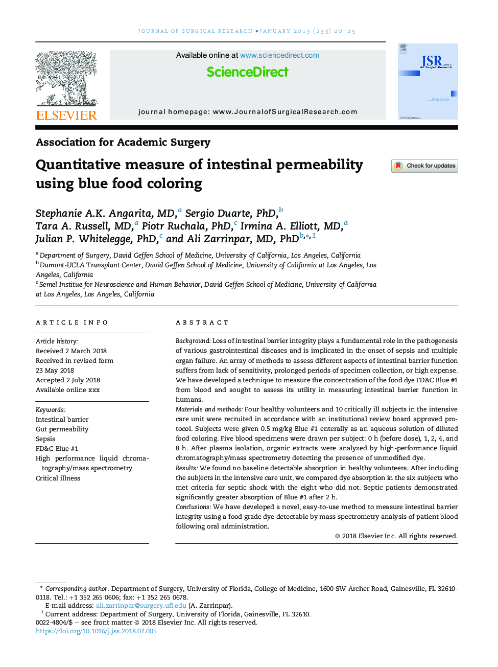 Quantitative measure of intestinal permeability using blue food coloring