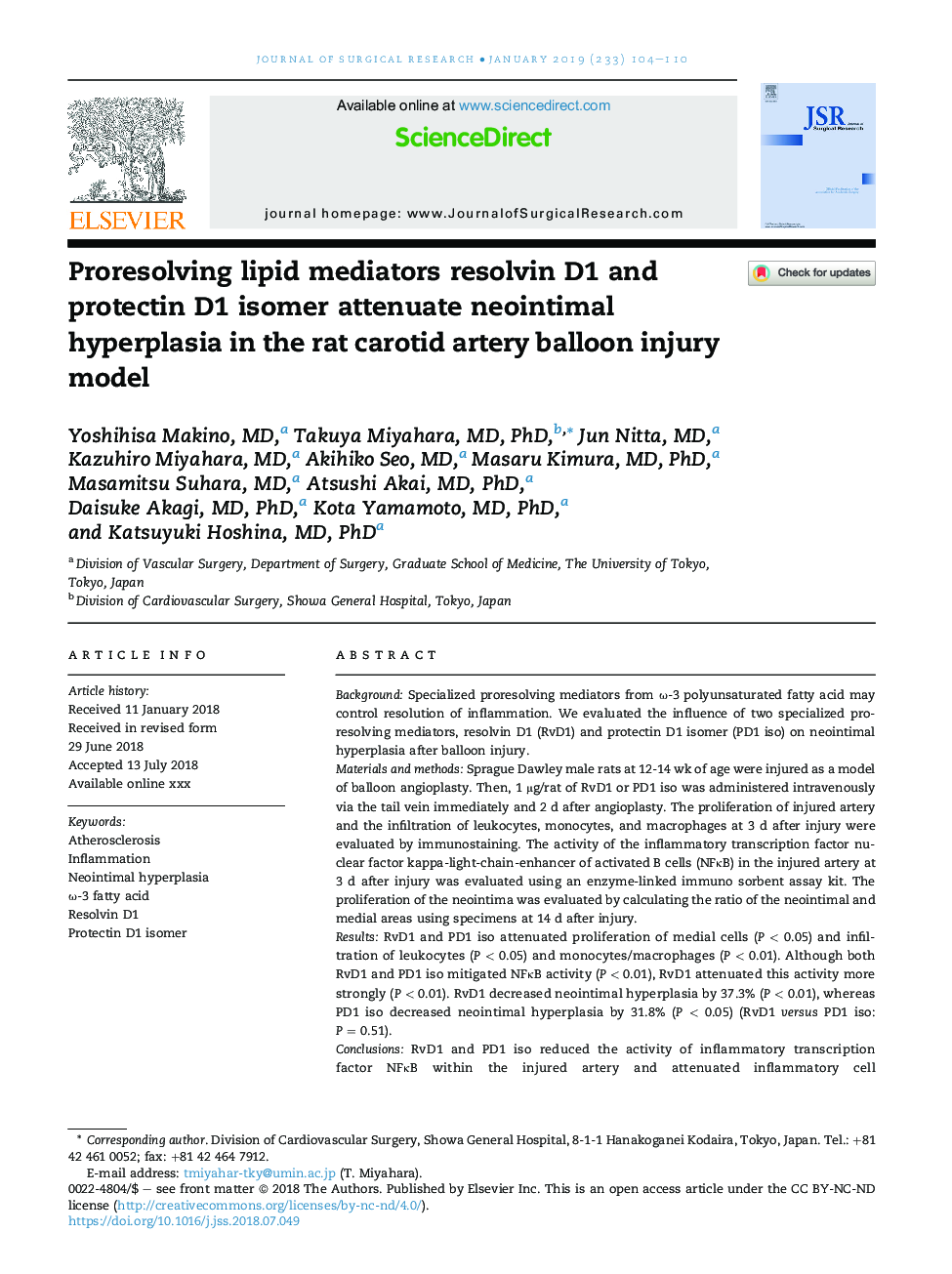 Proresolving lipid mediators resolvin D1 and protectin D1 isomer attenuate neointimal hyperplasia in the rat carotid artery balloon injury model