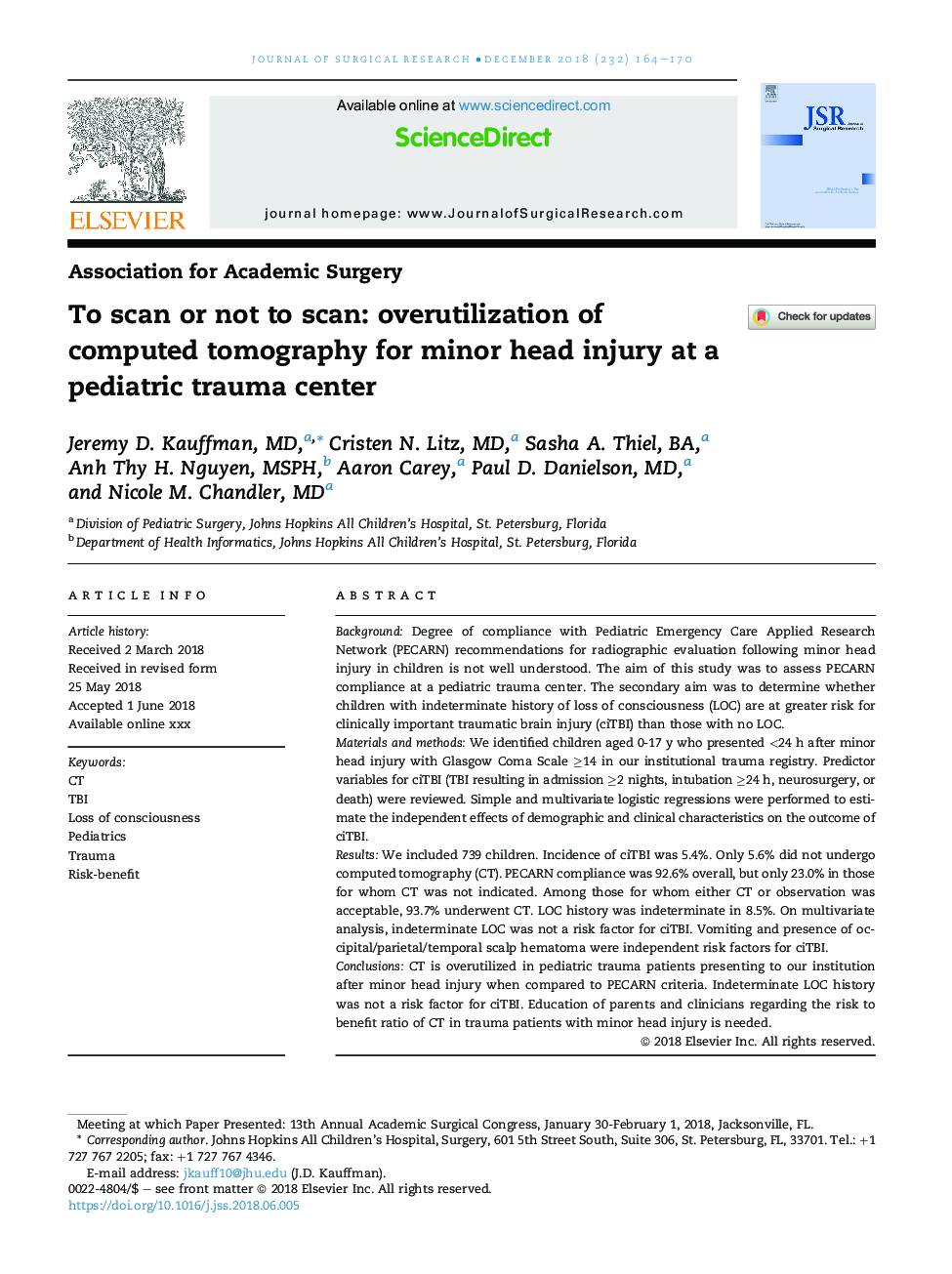 To scan or not to scan: overutilization of computed tomography for minor head injury at a pediatric trauma center