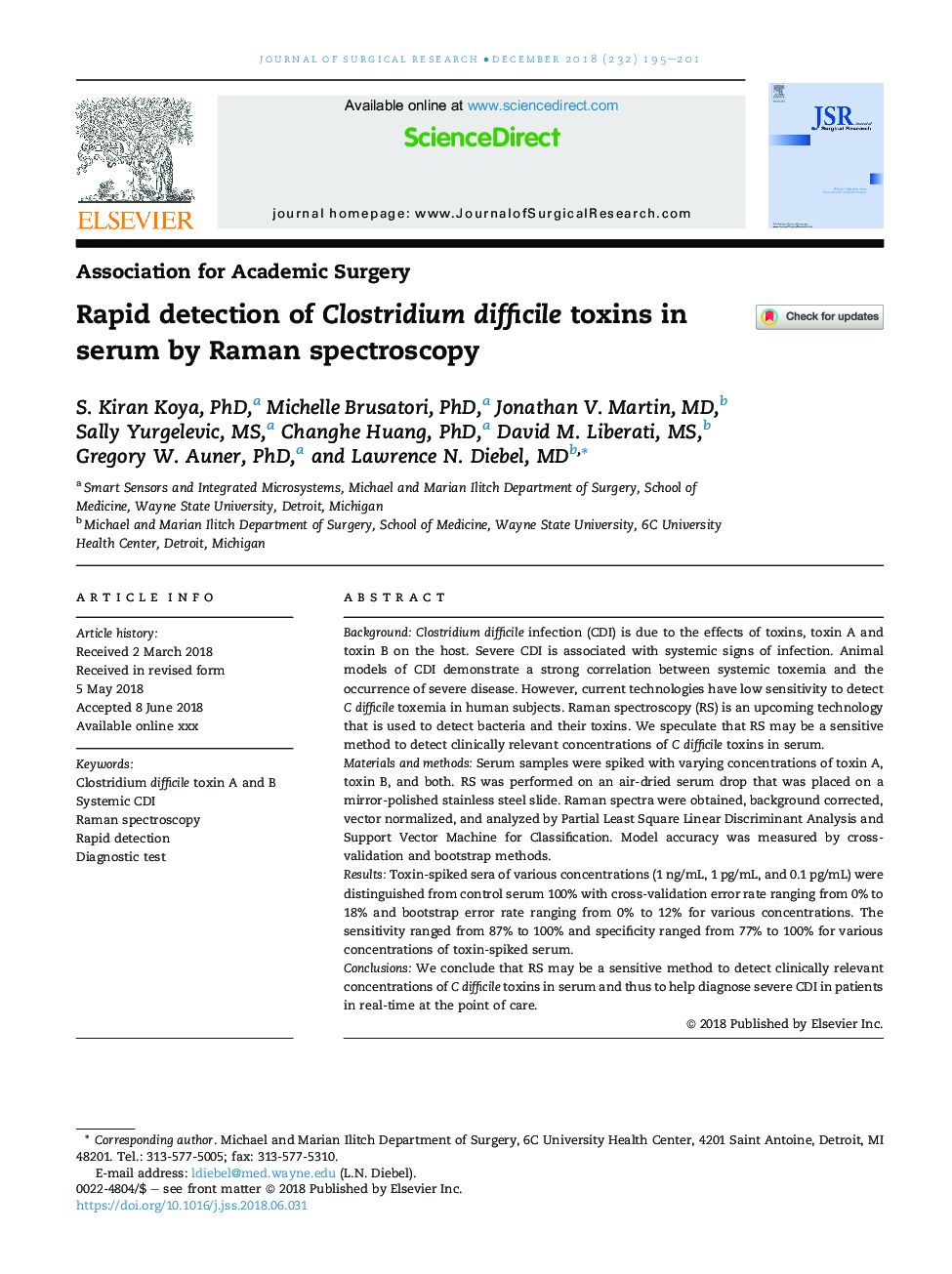 Rapid detection of Clostridium difficile toxins in serum by Raman spectroscopy