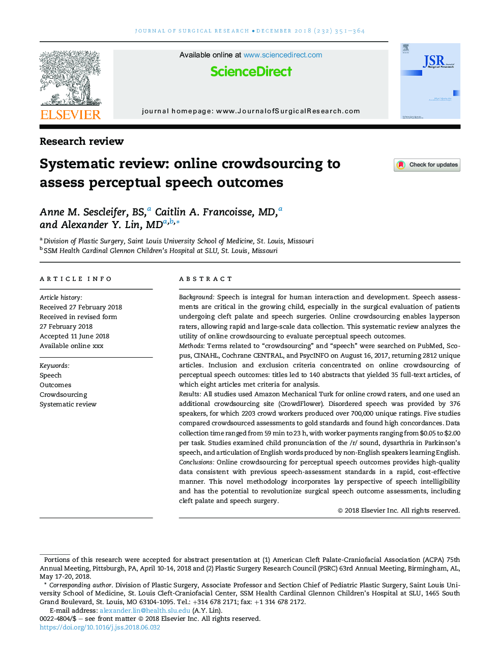 Systematic review: online crowdsourcing to assess perceptual speech outcomes