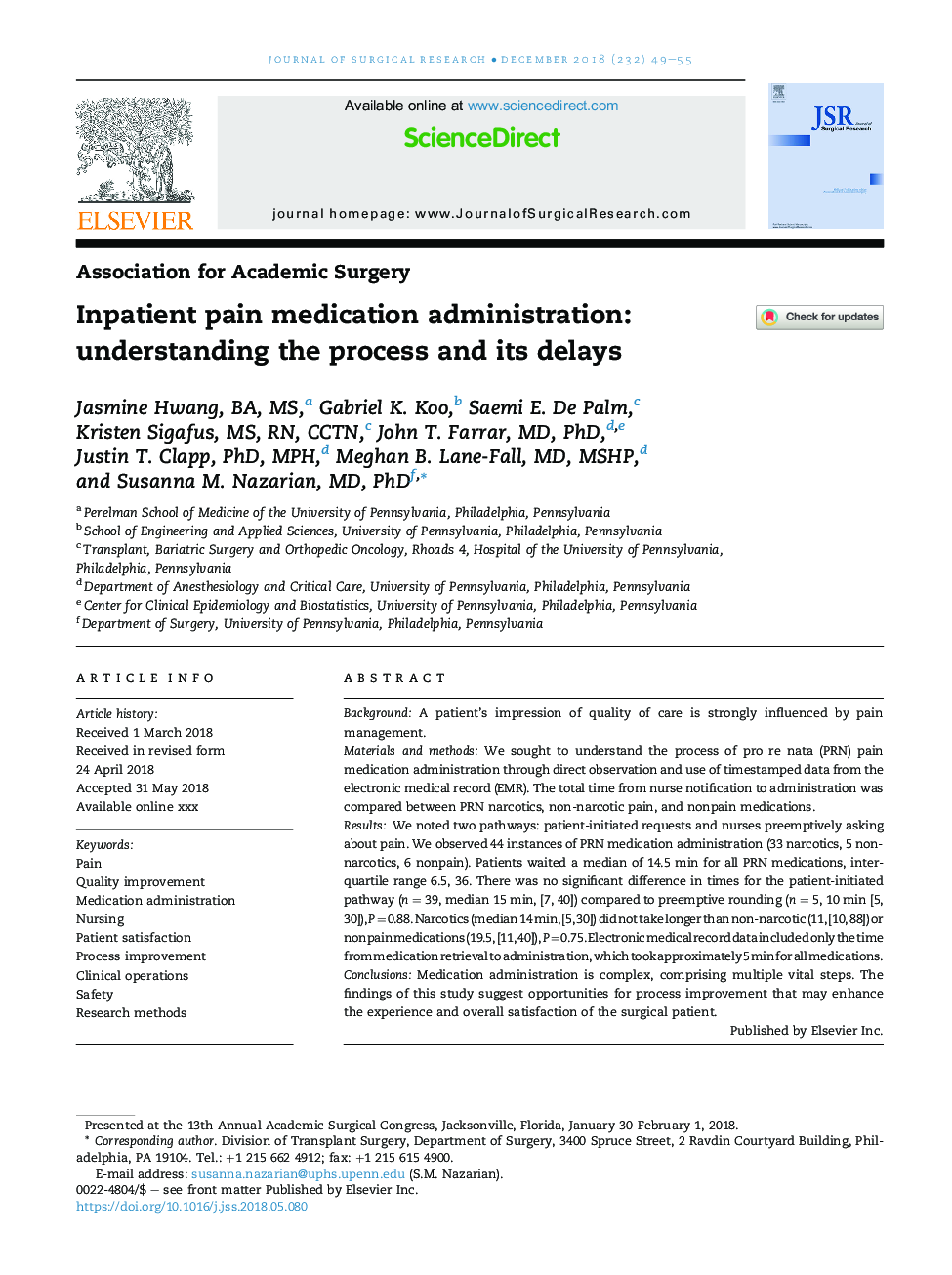 Inpatient pain medication administration: understanding the process and its delays