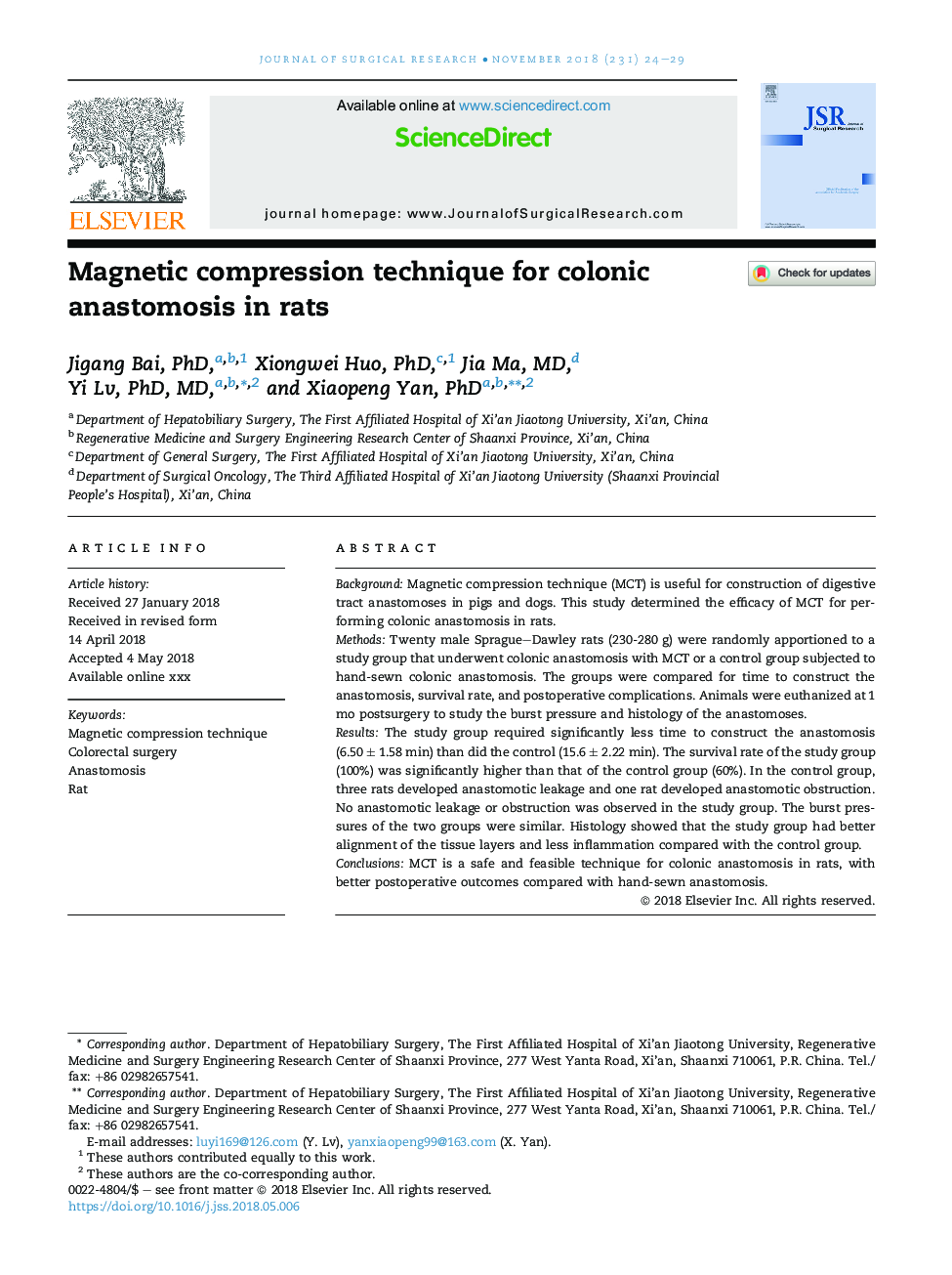 Magnetic compression technique for colonic anastomosis in rats