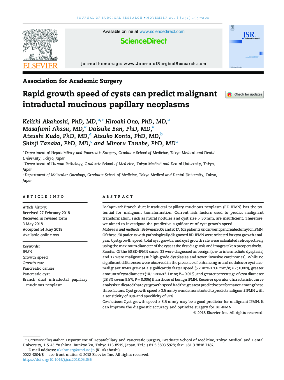 Rapid growth speed of cysts can predict malignant intraductal mucinous papillary neoplasms