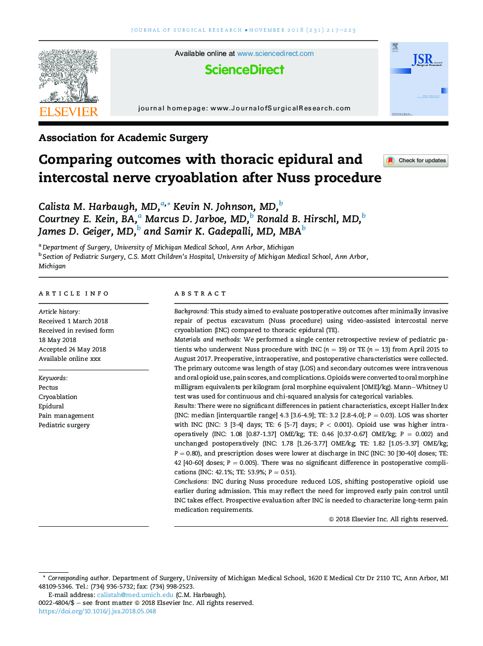 Comparing outcomes with thoracic epidural and intercostal nerve cryoablation after Nuss procedure