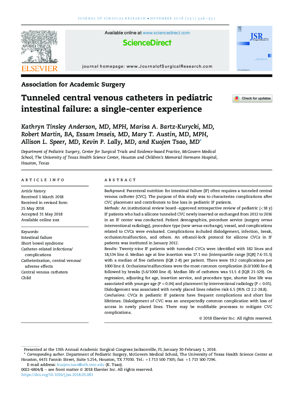 Tunneled central venous catheters in pediatric intestinal failure: a single-center experience