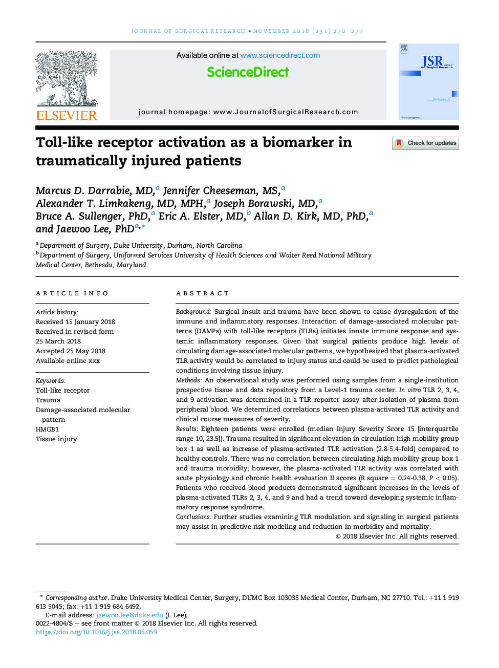 Toll-like receptor activation as a biomarker in traumatically injured patients