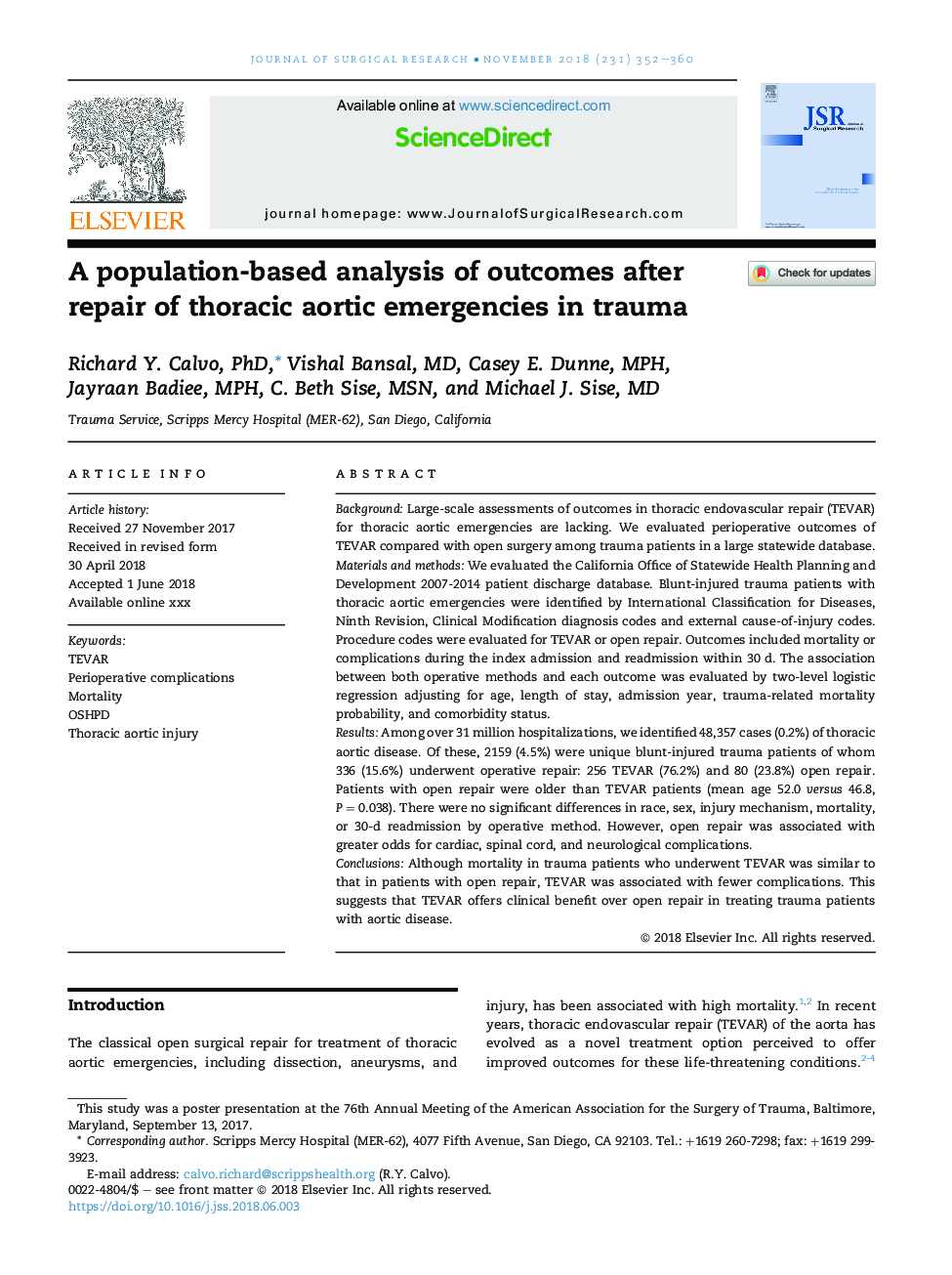 A population-based analysis of outcomes after repair of thoracic aortic emergencies in trauma