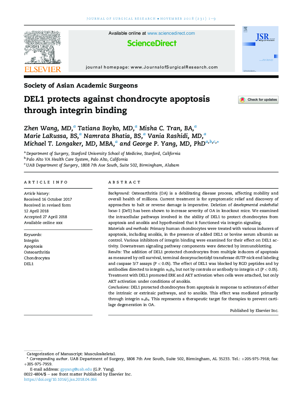 DEL1 protects against chondrocyte apoptosis through integrin binding