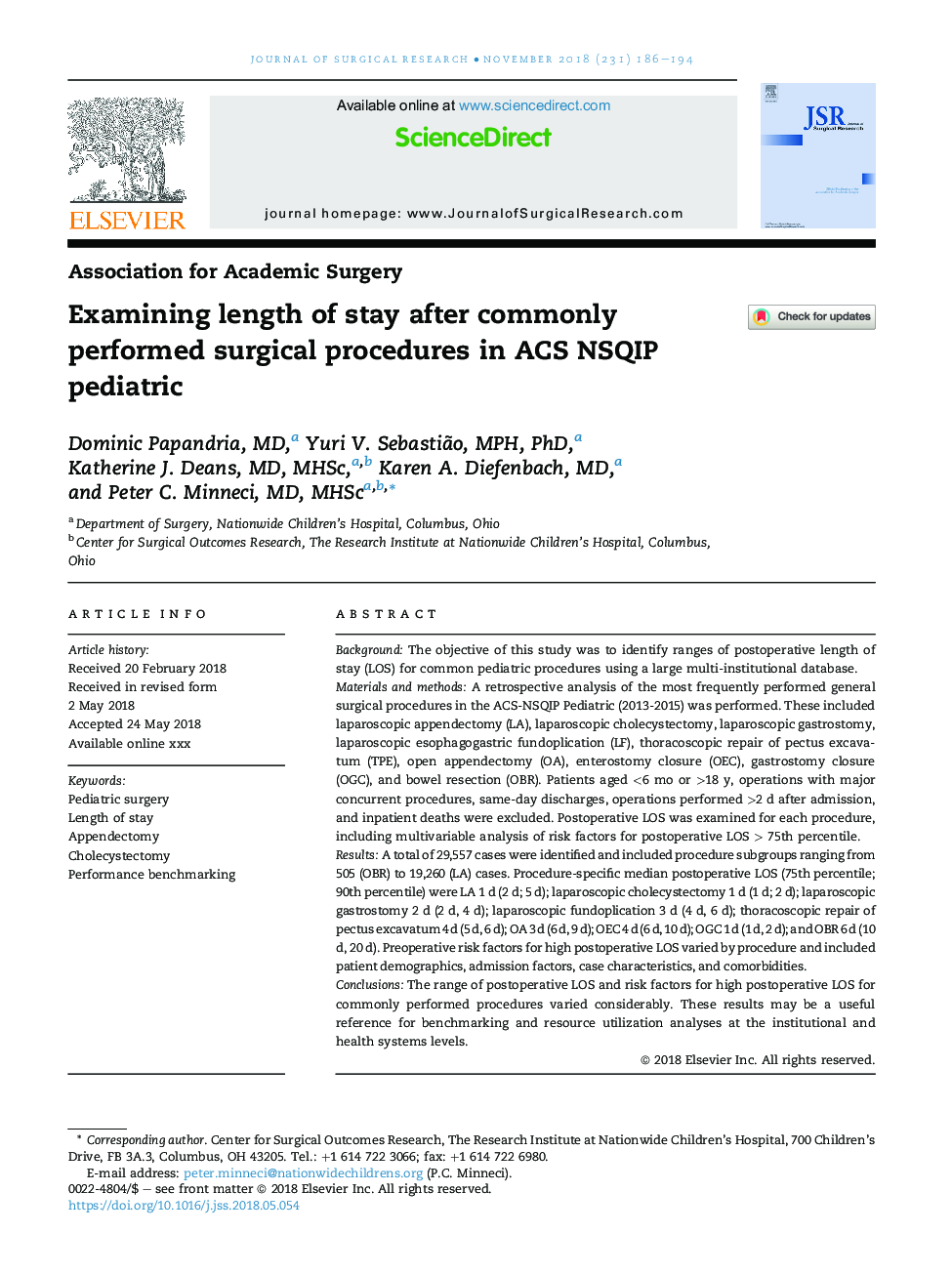 Examining length of stay after commonly performed surgical procedures in ACS NSQIP pediatric