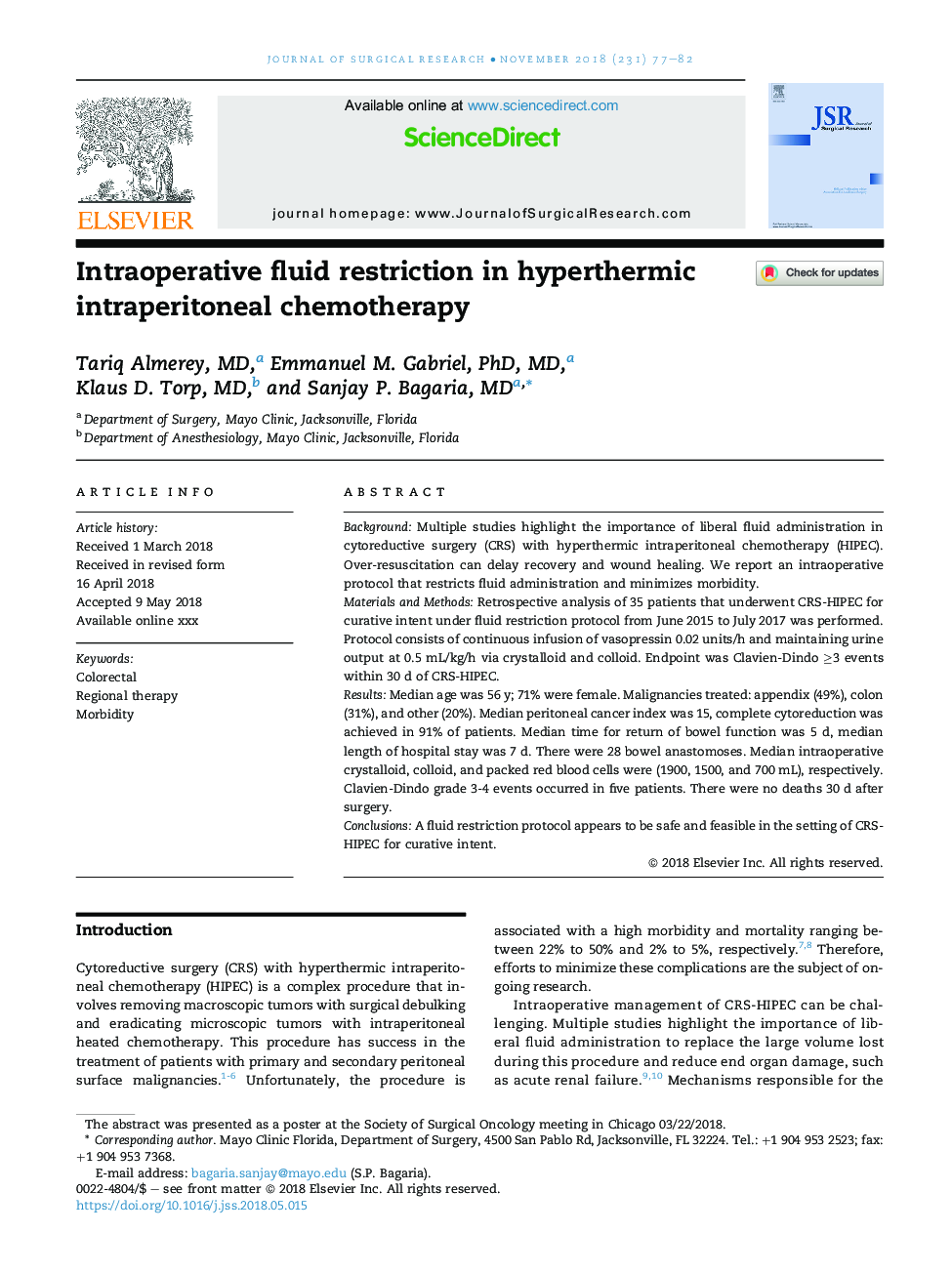 Intraoperative fluid restriction in hyperthermic intraperitoneal chemotherapy