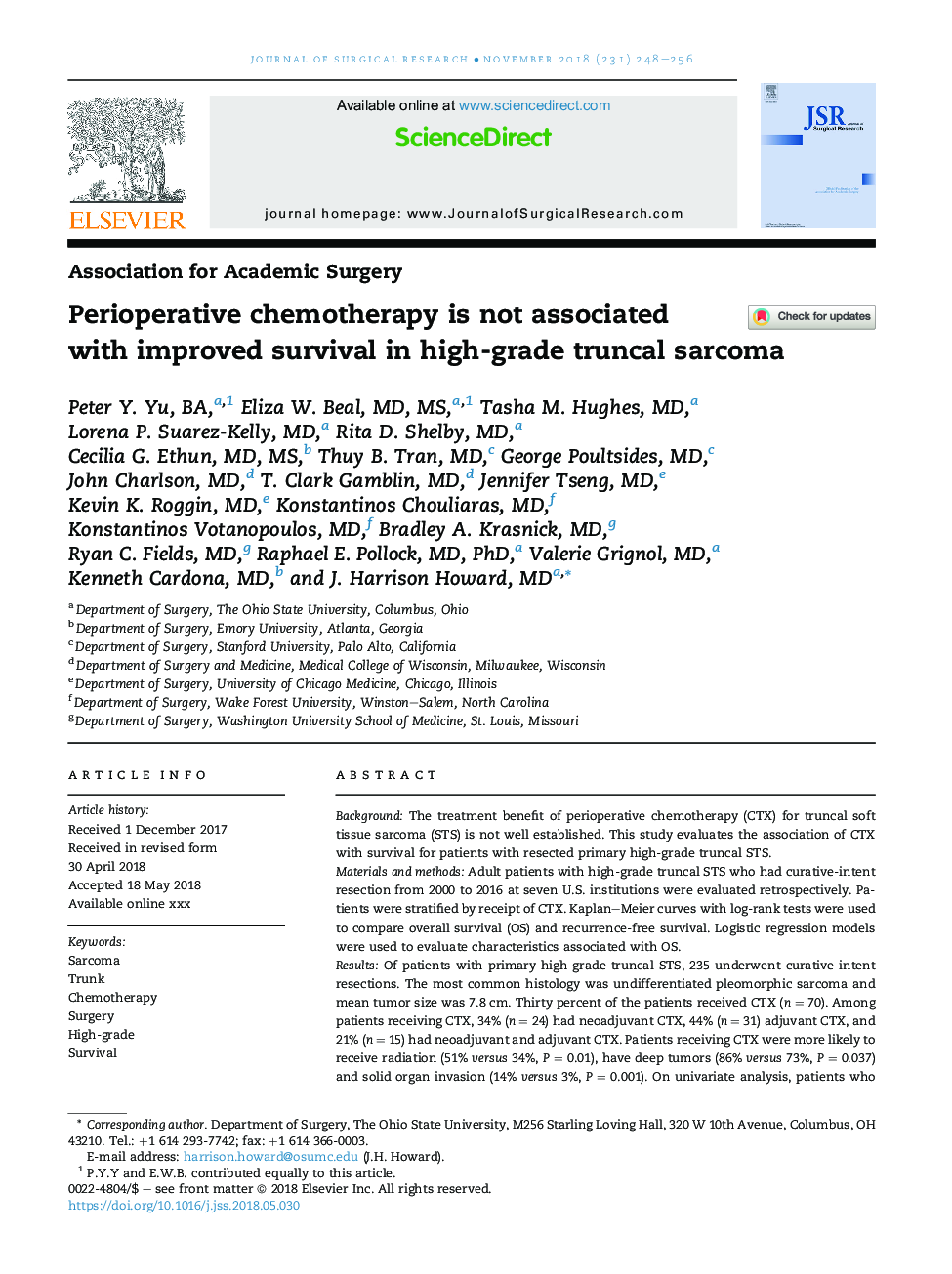 Perioperative chemotherapy is not associated with improved survival in high-grade truncal sarcoma