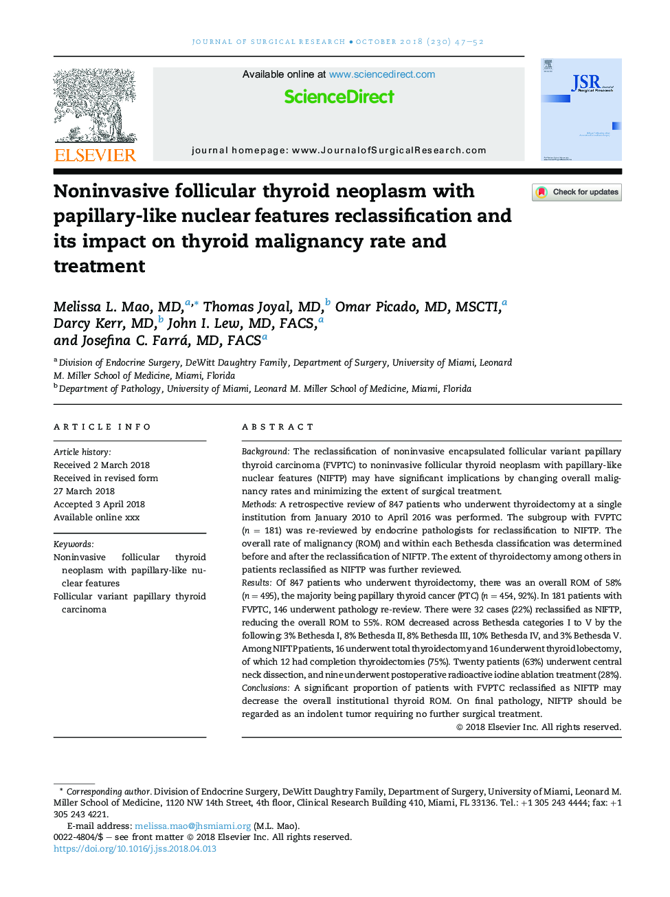 Noninvasive follicular thyroid neoplasm with papillary-like nuclear features reclassification and its impact on thyroid malignancy rate and treatment