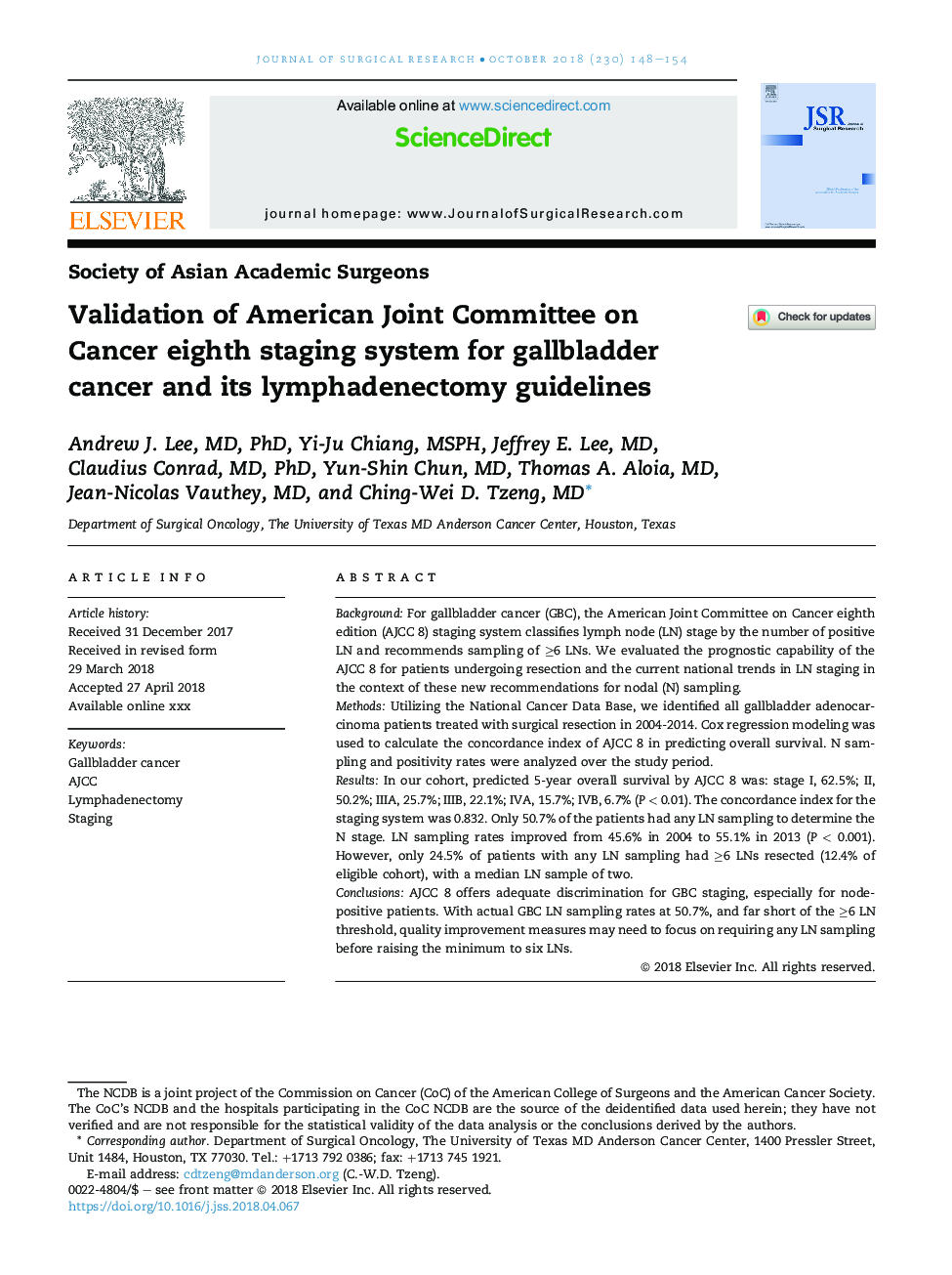 Validation of American Joint Committee on Cancer eighth staging system for gallbladder cancer and its lymphadenectomy guidelines
