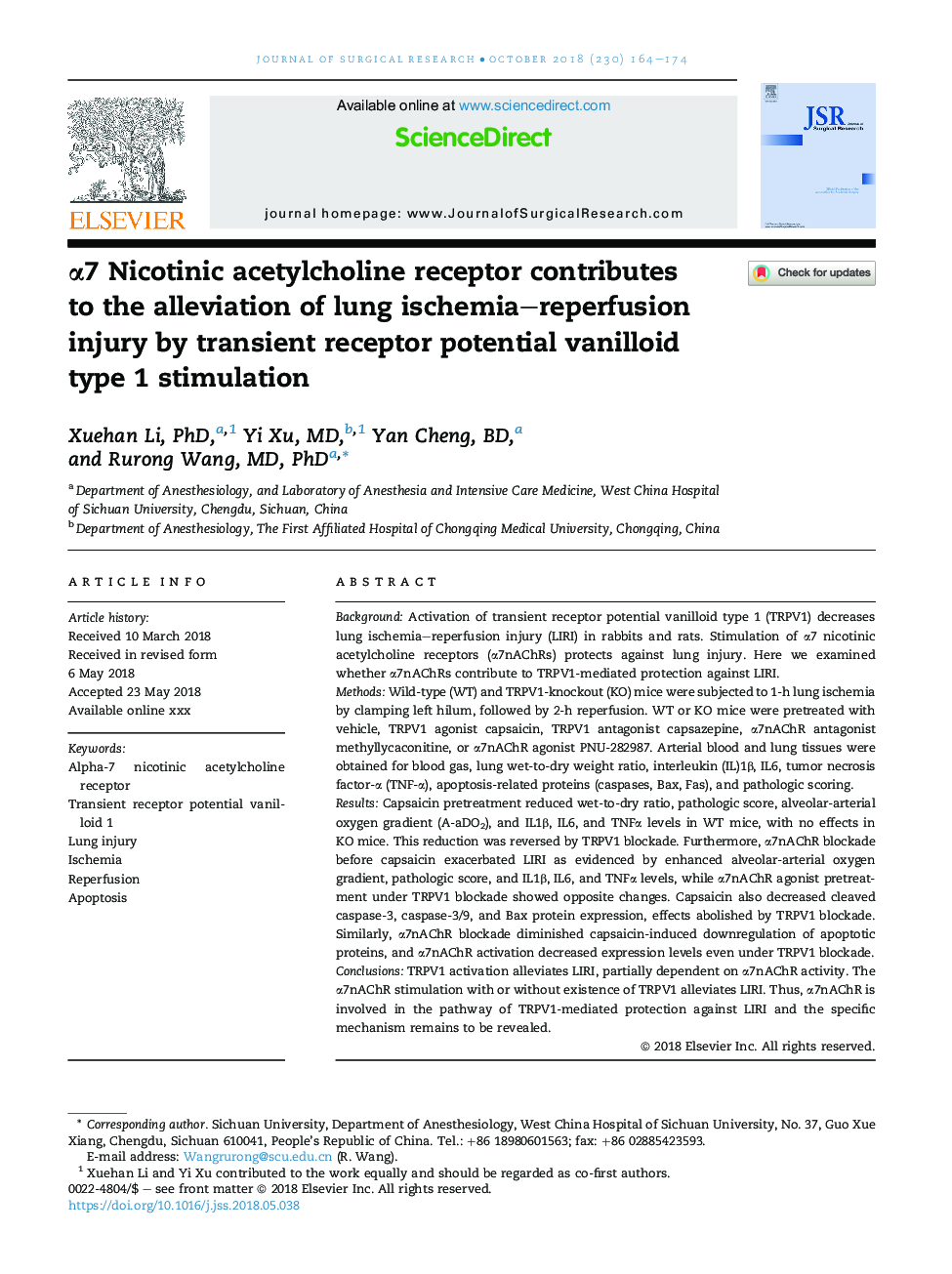 Î±7 Nicotinic acetylcholine receptor contributes toÂ the alleviation of lung ischemia-reperfusion injury by transient receptor potential vanilloid type 1 stimulation